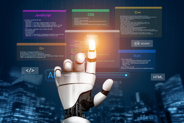 A robotic hand points to programming languages on a digital display, symbolizing the intersection of technology and innovation in software development and artificial intelligence. Cyphers © InfiniteFlow