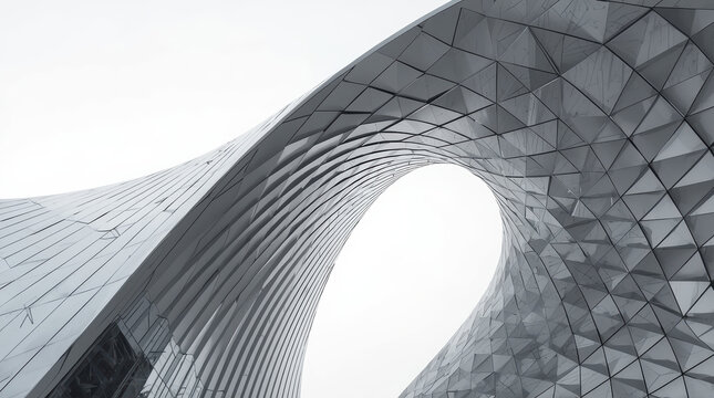 Curved parametric architectural facade with metallic glass panels and sweeping void