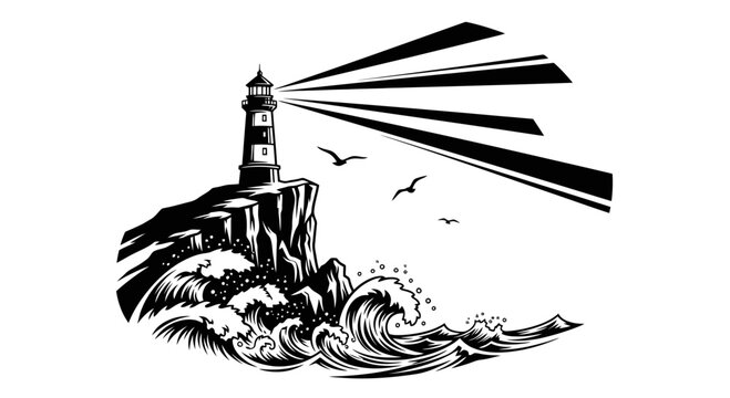 Black and white illustration of a lighthouse on a rocky cliff by the sea.
