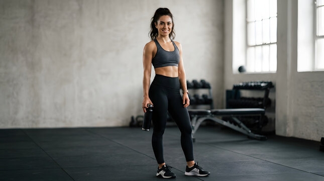 Fit woman standing in gym holding a water bottle