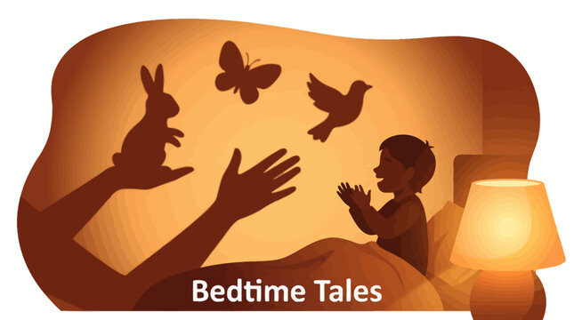 A whimsical illustration of a child enjoying enchanting shadow puppet stories at bedtime, fostering imagination and sweet dreams
