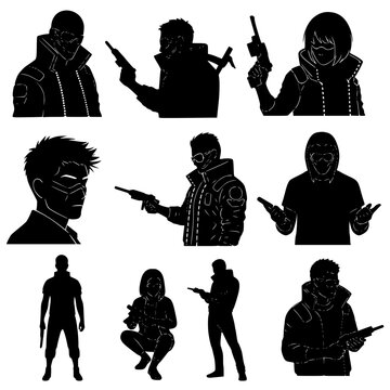 Cyberpunk Silhouette Characters Set with Weapons and High-Tech Gear