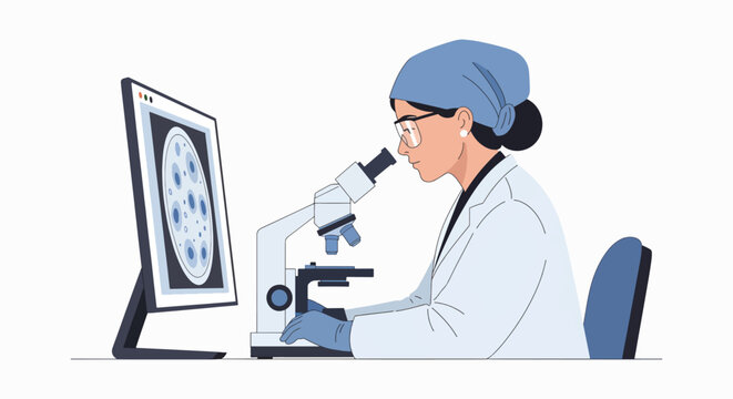 Female scientist in lab coat and blue headscarf examining sample on microscope next to computer monitor with scientific image on screen.