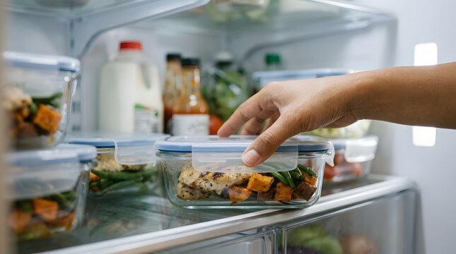 Close up of hand taking out healthy glass meal prep container from organized home refrigerator