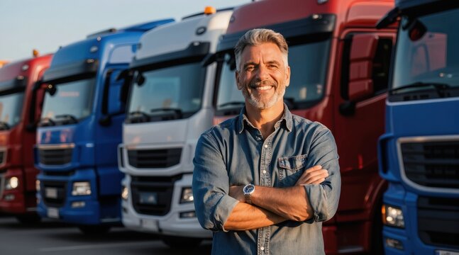 Man stands proudly before a line of trucks. He smiles broadly arms crossed showing success in transport business. Trucking industry pro worker.