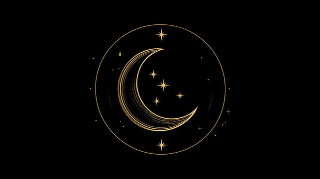 gold crescent moon with stars inside circular frame line art illustration on black background minimal celestial design with textured lines and large copyspace for branding use