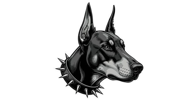 Doberman Pinscher Head Portrait, Spiked Collar, Guard Dog, Black and White Illustration