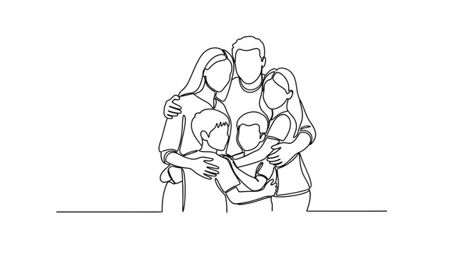 Continuous line drawing of a happy family of four hugging, simple minimalist art, white background.