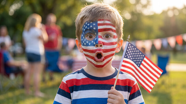 Independence Day 250th anniversary boy full flag face painting holding flag surprised expression for patriotic celebration poster social media advertising campaign