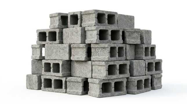 Stacked concrete cinder blocks on white background - industrial construction material