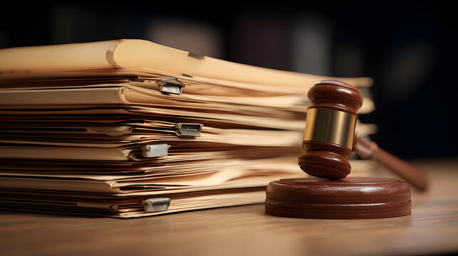 A stunning picture shows a stack of legal folders and documents beside a wooden judge's gavel on a table, which signifies the importance of law and justice.