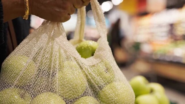 Persona comprando manzanas frescas en una bolsa de malla ecol&oacute;gica para reducir el pl&aacute;stico.