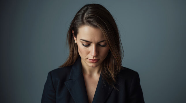 Young woman with relaxed posture and inward shoulders looking down softly