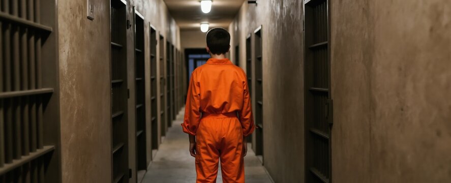 Young person in orange jumpsuit walks down prison hallway. Cells line walkway. Incarceration, justice system, juvenile detention, confinement, isolation, punishment, law and order themes.