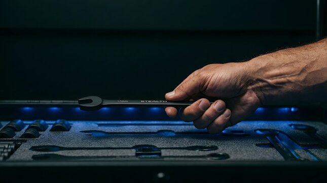 Close up of hand picking up black wrench from organized toolbox with blue LED lighting professional