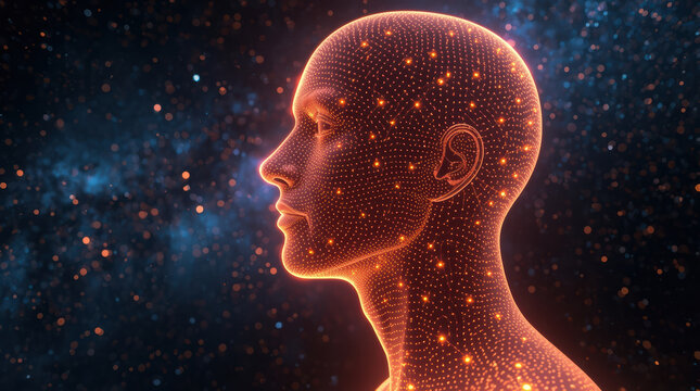 Glowing digital human profile with particle grid and starfield ambiance