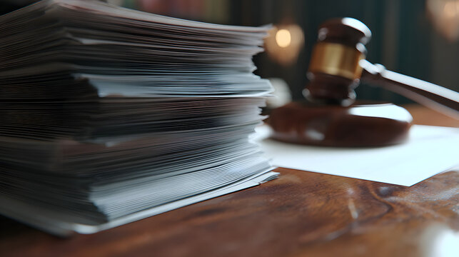 This photo captures the symbolic power of law and justice by showing a stack of legal folders and documents alongside a wooden judge's gavel on the table.