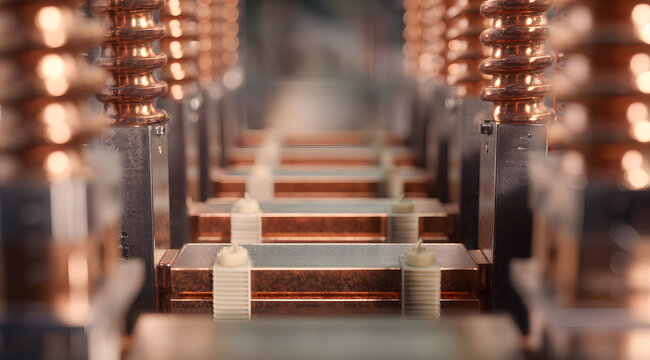 Heavy copper electrical busbar assembly inside a high-voltage power distribution cabinet with polished rectangular conductor bars stacked in parallel rows with ceramic insulator standoffs, warm raking