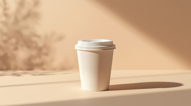Paper coffee cup on sunlit table with soft shadow and warm neutral tones