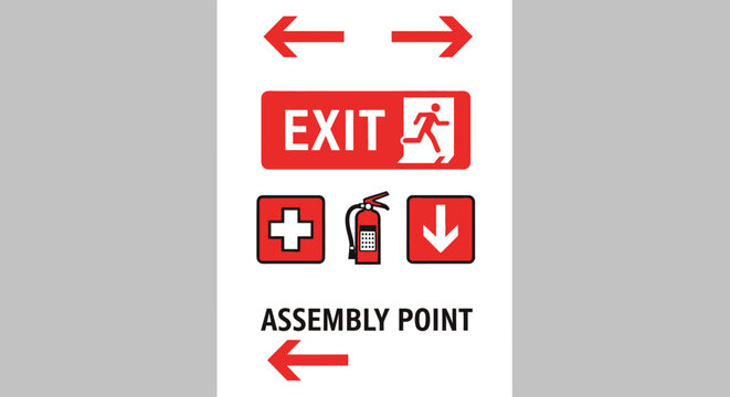 Emergency exit and assembly point sign.