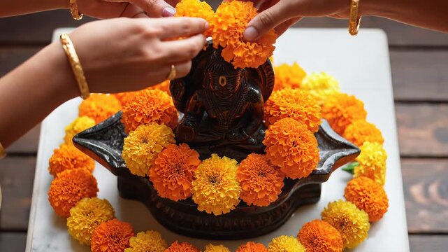 Devotees offering marigold flowers to Shani Dev statue for puja