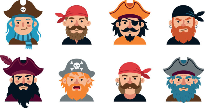 Collection of Pirate Avatar Characters With Various Hats Beards and Facial Expressions Set Isolated on White Background Vector