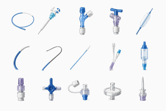 Cardiology PCI Catheter And Medical Guidewire Connector Technical Icon Set