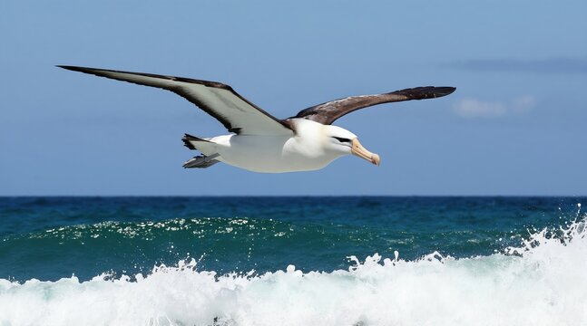 Large white albatross with brown wings soars gracefully over blue ocean waves. Seabird glides with majestic wingspan above churning sea spray. Bird flies in clear sky over deep water.