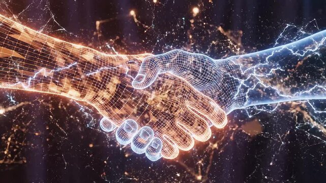 Human and robot hands shaking emphasizing network speed and cloud computing
