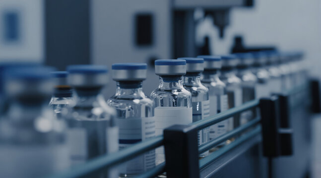Glass pharmaceutical vials move along an automated production line. Bottles with blue caps and sterile white labels are prepared for drug filling and packaging at a biotech facility.