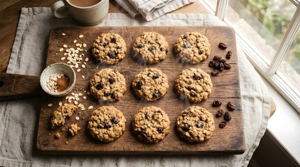 Fototapeta premium Oatmeal Raisin Cookies Grid Flat Lay — Wooden Board Steam Rustic Morning Overhead