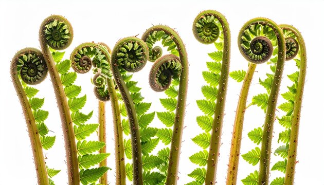 Unfurling green fern fronds with intricate spiral patterns on white background