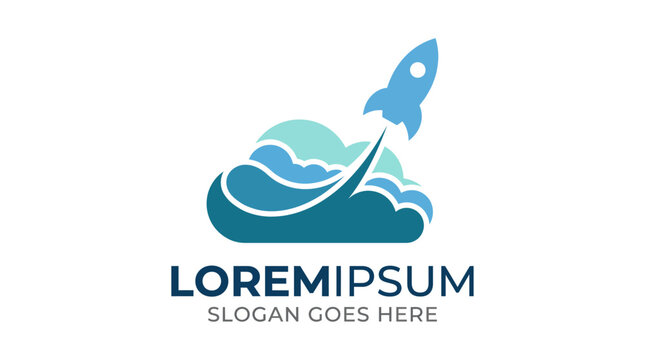 This logo depicts a rocket launching from clouds, symbolizing aspirations, dreams, and new beginnings in a fun and imaginative graphic style.