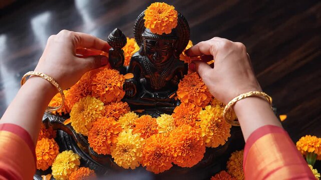 Shani Jayanti Ritual Decorating Lord Shani Statue with Marigolds