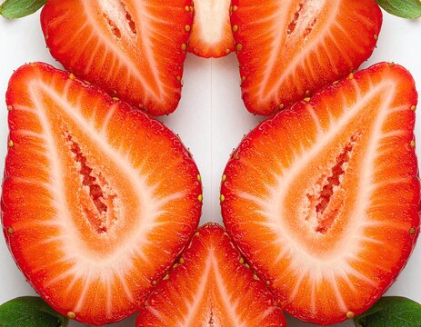 Symmetrical arrangement of juicy, ripe strawberries sliced lengthwise against a white backdrop