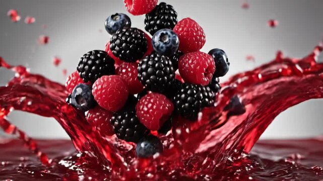 Dynamic red berry juice splash with fresh raspberries, blackberries, and blueberries forming a liquid crown effect captured in high-speed motion against a neutral studio background.