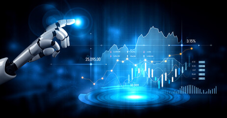 Obraz premium A sleek robotic hand interacts with a vibrant digital financial chart, symbolizing the merging of technology and finance. Explore automation and data insights. Scalp