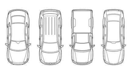 Top View Line Drawings of Four Different Vehicles from Above © Tharusha