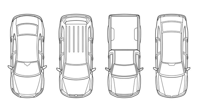 Top View Line Drawings of Four Different Vehicles from Above