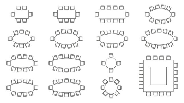 Vector icons showcasing various table and chair layouts for event planning and room arrangement diagrams