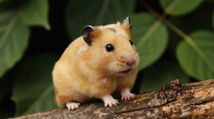 Obraz premium Small cute hamster sits on a rough wood branch with soft green foliage background. Tiny rodent with fur looks forward, its small paws visible on log. Animal theme.
