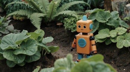 Naklejka premium Small robot stands in green botanical garden between plants and foliage. Cute toy explores nature and learns about vegetation. Future farming and smart tech in eco environment.