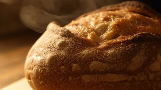 Close-up macro shot of a freshly baked artisan sourdough bread loaf with golden crispy crust and flour dusting, featuring visible steam rising from the hot loaf in warm lighting.