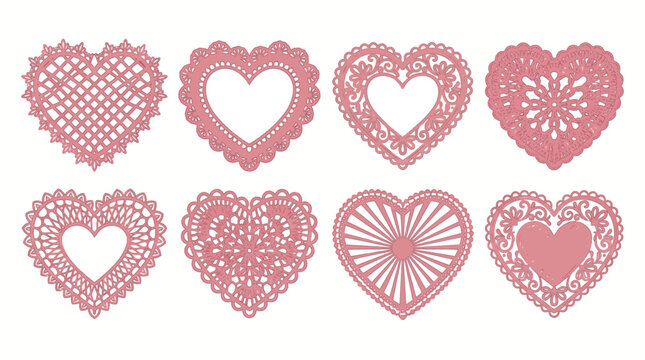 Collection of beautifully detailed lace heart shapes, embodying delicate romance and vintage charm for decorative projects