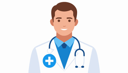 Fototapeta premium Smiling professional male doctor character illustration, symbolizing healthcare, medical consultation, and expert advice for health and wellness services, ready to assist