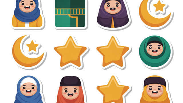Colorful cartoon animals with stars and crescent moon icons