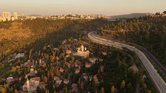 Aerial View of Ein Karem Village and Church in Jerusalem Israel at Golden Hour