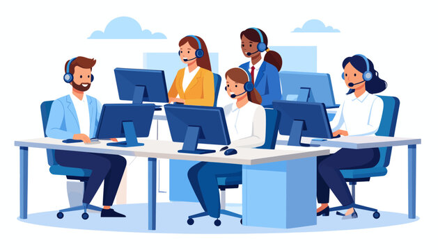 Customer service representatives wearing headsets working in a call center environment with computer monitors and desks