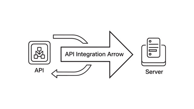 API integration arrow connecting server and API icons with data flow featuring connection, technology, digital with communication and network