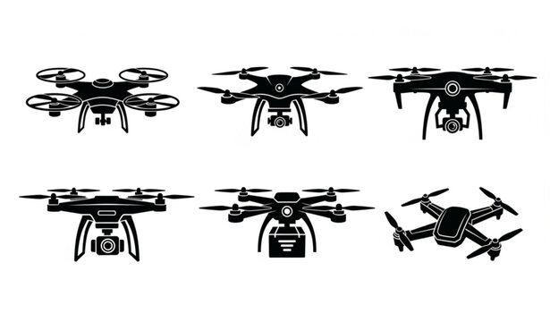 Drone silhouettes vector set with quadcopter racing and delivery UAV shapes in clean black solid style